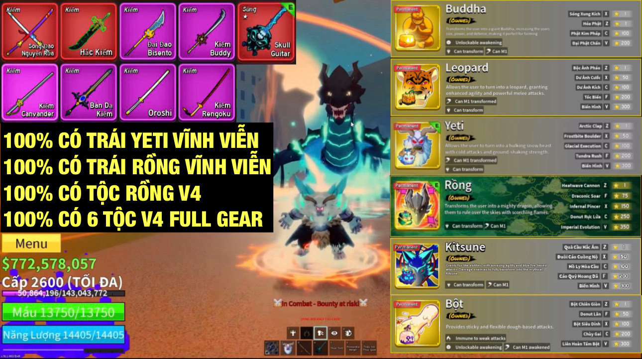 RANDOM 100% Acc Có Trái Yeti, Rồng Vĩnh Viễn Và Có Tộc Rồng V4